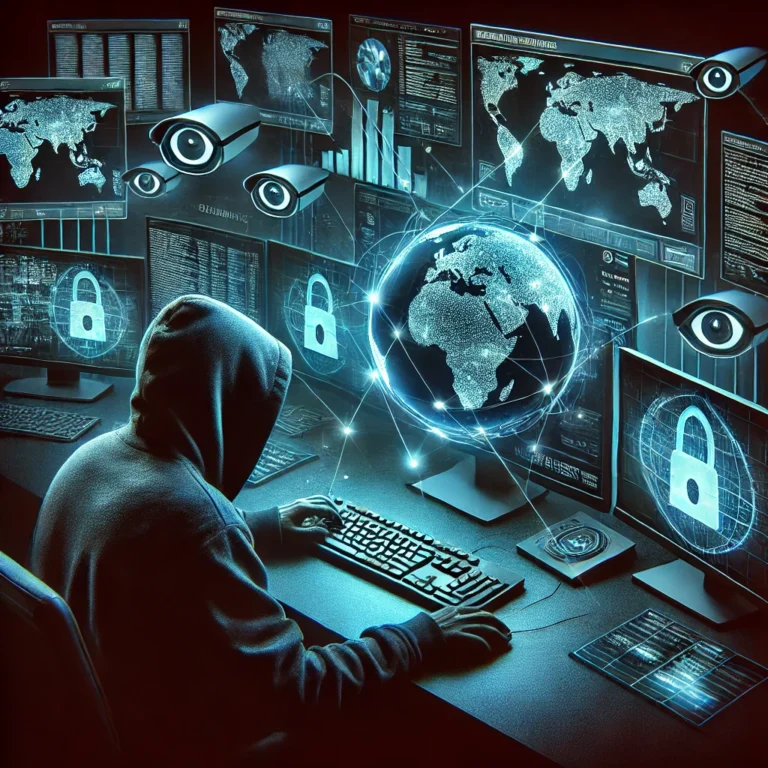 DALL·E 2025-08-05 22.01.53 - A dramatic and high-tech image representing cybersecurity cyber espionage. The scene includes a dark environment with a figure in a hoodie operating a